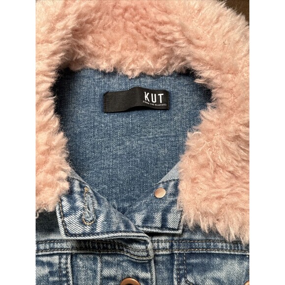 KUT From the Kloth Emma Boyfriend Denim Jean Jacket Womens Sz M Pink Fur Collar - Picture 12 of 16